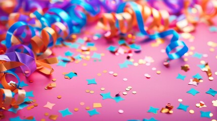 Wall Mural - Celebration decorations for a birthday or party with vibrant confetti symbols.