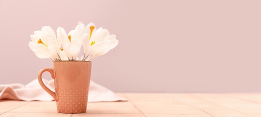 Wall Mural - Cup with bouquet of beautiful crocus flowers on table. Banner for design