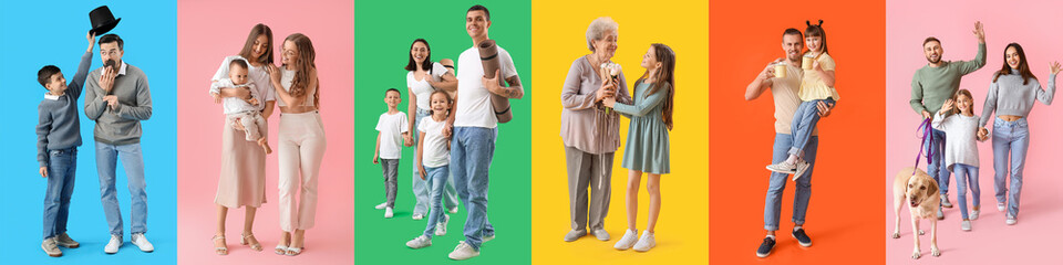 Canvas Print - Collection of happy families on color background