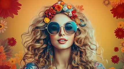 Sticker - A portrait of an attractive hippie girl with long curly hair