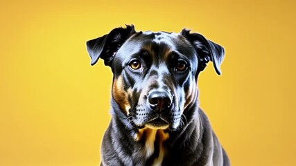 Wall Mural - A black dog with brown markings is staring at the camera. The dog is looking directly at the viewer, and its expression is intense. The yellow background adds a pop of color to the scene