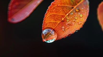 Sticker - Close-up of a vibrant autumn leaf with water droplets. Macro photography showcasing intricate details and natural beauty. Ideal for nature lovers, seasonal themes, and creative projects. AI