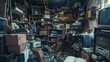 © The Little Hut - Hoarder room packed with boxes electronics business equipment household objects and miscellaneous junk : Generative AI
