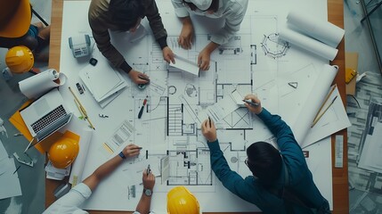 Fototapete - Top down view of skilled engineer team compare between blueprint and house plan Aerial view of group of architect or designer discussing and point note to brainstorm about blueprint Al : Generative AI