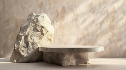 Fototapete - Stone Podium for promotion on dark beige Background Natural rock pedestal podiums Beauty product mockup Scene to show products Showcase display backdrops Front View luxury concept : Generative AI