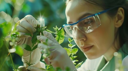 Fototapete - Young Scientist woman laboratory and test tube with plants research and analysis of leaves for ecology science expert health and care study of plant for pharma medicine or sustainable  : Generative AI