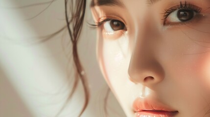 Wall Mural - Closeup portrait of young Asian beautiful woman with Kbeauty make up style and healthy and perfect skin Facial and skin care concept for commercial advertising : Generative AI