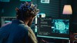 © DC Studio - Computer scientist puts EEG headset on, starting mind upload process, trying to gain bionic powers. Man using high tech neuroscientific gear to transfer consciousness into cyberspace, camera A