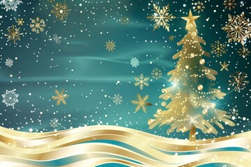 Wall Mural - Christmas background with golden tree, snowflakes, and falling snow on gradient teal backdrop with wavy metallic ribbons