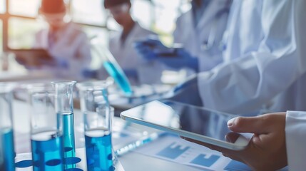 Aufkleber - Tablet science and group of people in laboratory for learning cancer cure or medical development Training investigation and research with scientist team in clinical trial for medicine  : Generative AI