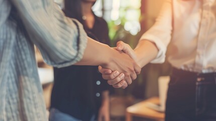 Fototapete - Trust handshake and business people in office for deal welcome or onboarding for b2b collaboration Partnership teamwork and shaking hands for agreement consulting or introduction in me : Generative AI