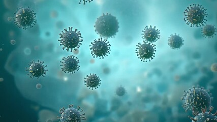 Poster - A close-up view of various viruses in a fluid medium. The viruses are small and round with spikes on their surface, floating freely in the fluid.