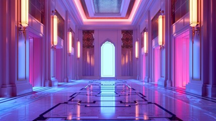 Wall Mural - Futuristic hallway with neon lights and symmetrical design. Bold and vibrant colors create a mesmerizing atmosphere. Ideal for sci-fi themes and modern digital art. Generated by AI. AI