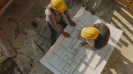 Fototapete - Top down view of skilled engineer team compare between blueprint and house plan Aerial view of group of architect or designer discussing and point note to brainstorm about blueprint Al : Generative AI