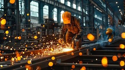Leinwandbilder - workers in a shed, doing heavy work with lots of steel, sparks and heavy tools : Generative AI