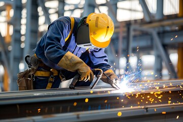 Leinwandbilder - a man is welding the steel structure, wearing safety gloves : Generative AI