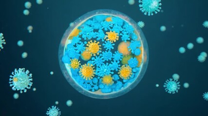 Poster - A sphere containing blue and yellow viruses floats in a blue liquid, surrounded by other viruses.