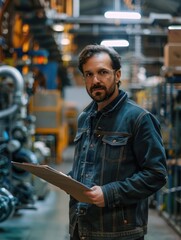 A person holding a clipboard stands in a large storage facility, possibly inspecting inventory or conducting an audit