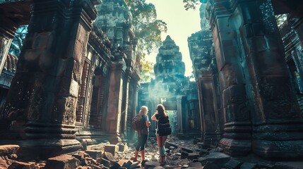 Explorers or tourists discovering the secrets of the ruins