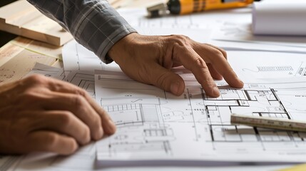 Poster - Architects interior designer hands working with Blue prints and documents for a home renovation for house design : Generative AI