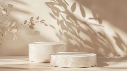 Fototapete - Stone Podium for promotion on beige Background Natural pedestal Two stone podiums with floral shadow Beauty product mockup Scene to show products Showcase display case Front View : Generative AI