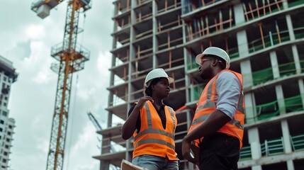 Aufkleber - Engineering construction site and team outdoor for building project planning and architecture Black woman and men contractor together for development and safety assessment discussion i : Generative AI