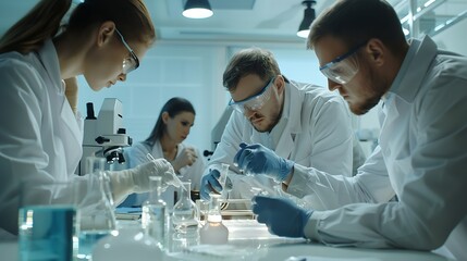Fototapete - Scientist team meeting and writing analysis results in the laboratory study and analyze scientific sample : Generative AI