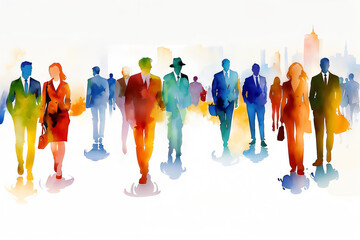 Abstract silhouettes of people in colorful watercolor style walking. Art illustration with white background. Community and diversity concept for design and print.