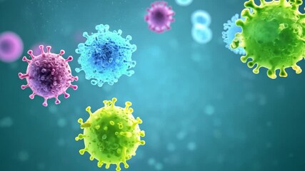 Fototapete - A 3D rendering of colorful viruses floating on a teal background. The viruses are various shades of blue, green, and purple.
