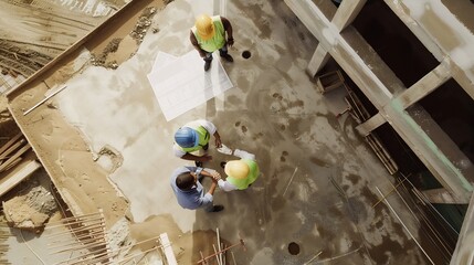 Fototapete - Top down aerial view of architect engineer team shake hands and discussing about building construction Group of diverse people working together to plan and design by using blueprint Al : Generative AI