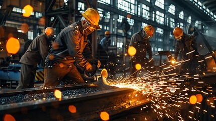 Leinwandbilder - workers in a shed, doing heavy work with lots of steel, sparks and heavy tools : Generative AI