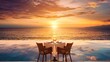 Seascape view under sunset light with dining table with infinity pool around Romantic tranquil getaway for two couple concept Chairs food and romance Luxury destination dining honeymoo : Generative AI