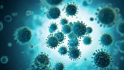 Poster - A close-up view of numerous virus particles, appearing dark green with spikes, floating in a blue fluid. A bright light shines in the center of the image.