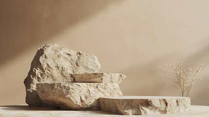 Fototapete - Stone Podium for promotion on dark beige Background Natural rock pedestal podiums Beauty product mockup Scene to show products Showcase display backdrops Front View luxury concept : Generative AI