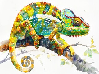 A colorful chameleon sits calmly on a tree branch, blending in with its surroundings