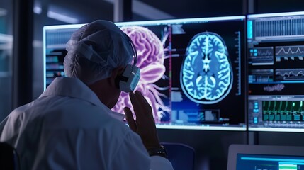 Poster - Doctor checking brain testing result with innovative medical technology diagnose and examine patient brain with intelligence software AI Medical healthcare and digital science in futur : Generative AI