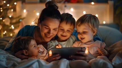 Wall Mural - mother and two toddlers, reading a bedtime story on a tablet device : Generative AI