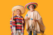 © Pixel-Shot - Mature couple in sombrero hats with Mexican maracas on yellow background