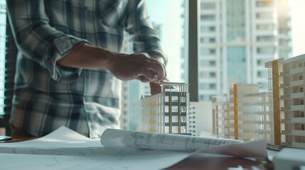 Aufkleber - Engineer or architect teamwork working on construction project with building model and blueprint in office Construction concept : Generative AI