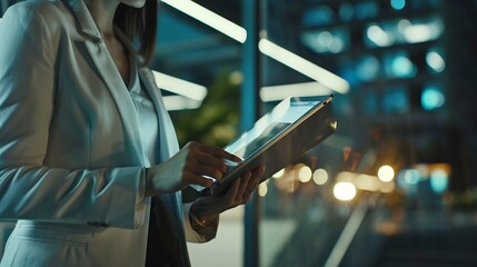 Leinwandbilder - Business woman tablet and typing in office for corporate communication internet research and networking Female person technology and working late night for project planning and company : Generative AI