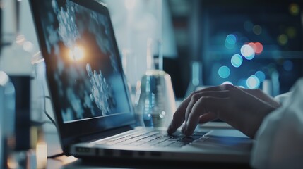 Poster - Laptop science team and people learning for cancer cure help or medical development in laboratory Training investigation or research info with scientists in clinical trial for medicine : Generative AI