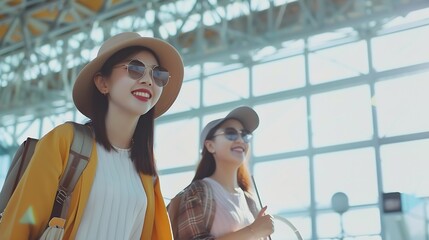 Asian young women passenger walk in airport terminal to boarding gate Attractive beautiful female tourist friends feeling happy and excited to go travel abroad by airplane for holiday  : Generative AI