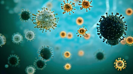 Poster - A digital illustration of various viruses, some with a yellow hue, others with a green hue, floating in a blue background.