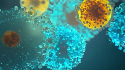Fototapete - A close-up view of a cell with a vibrant orange and yellow nucleus surrounded by smaller blue spheres.