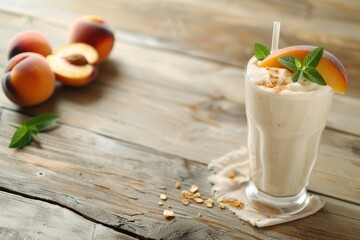 Poster - Blended fresh peach smoothie for breakfast with vertical space for text