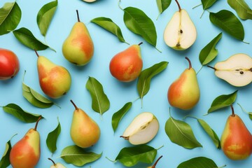 Wall Mural - Blue background with fresh pears and leaves