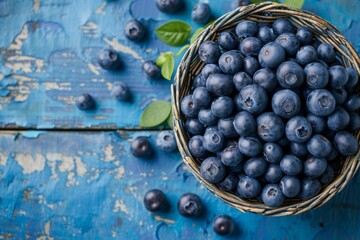 Sticker - Blueberries in a wicker bowl on a rustic wooden table Shot from above Harvesting and healthy nutrition concept Copy space available