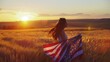 © The Little Hut - 4th of July Patriotic holiday american day Young woman with American flag in a wheat field at sunset Independence Day : Generative AI