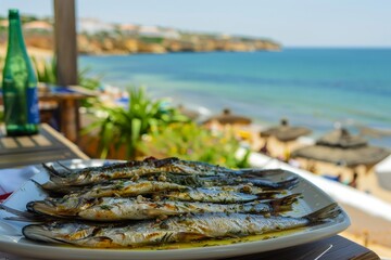 Poster - Classic lunch in Portugal with grilled sardines and a beach view at a restaurant terrace in Algarve Portugal