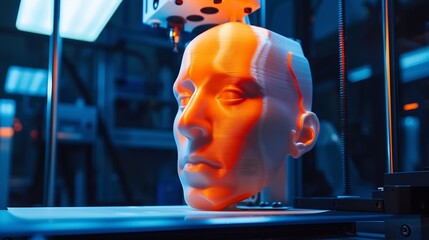 Leinwandbilder - 3D printer at work 3d printer prints head advertising photo blue and orange light High quality photo : Generative AI